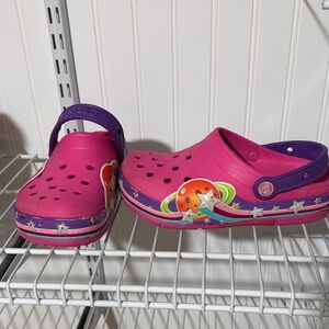 CROCS Pink Clog with Purple Strap and Colorful Star Planet Graphics